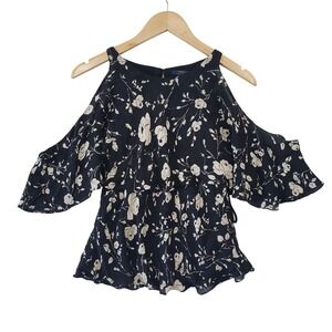 Polo Ralph Lauren Silk Cold Shoulder Floral Ruffle Top Navy Blue Womens 8 Chic